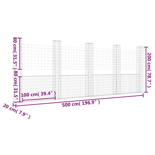 vidaXL Συρματοκιβώτιο σε U Σχήμα με 5 Στύλους 500x20x200 εκ Σιδερένιο