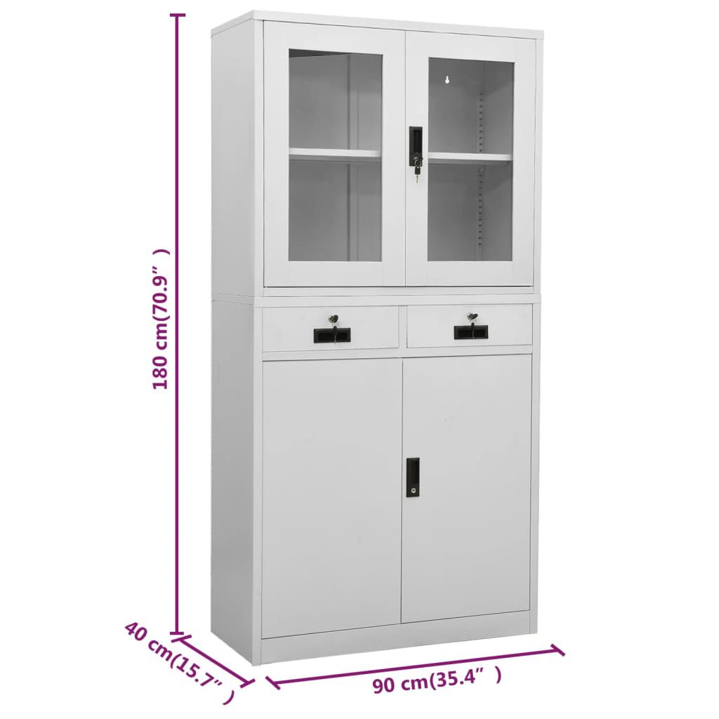 vidaXL Ντουλάπα Γραφείου Ανοιχτό Γκρι 90x40x180 εκ Ατσάλι/Ψημένο Γυαλί