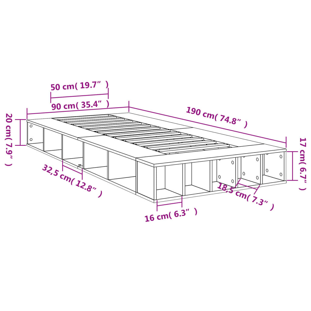 vidaXL Πλαίσιο Κρεβατιού Γκρι Sonoma 90 x 190 εκ. Επεξεργασμένο Ξύλο