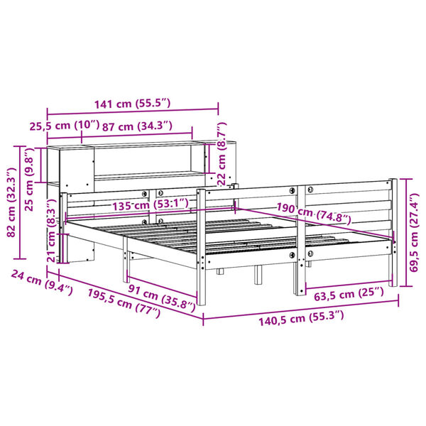 vidaXL Κρεβάτι Βιβλιοθήκη Χωρίς Στρώμα Λευκό 135x190 εκ Μασίφ Πεύκο