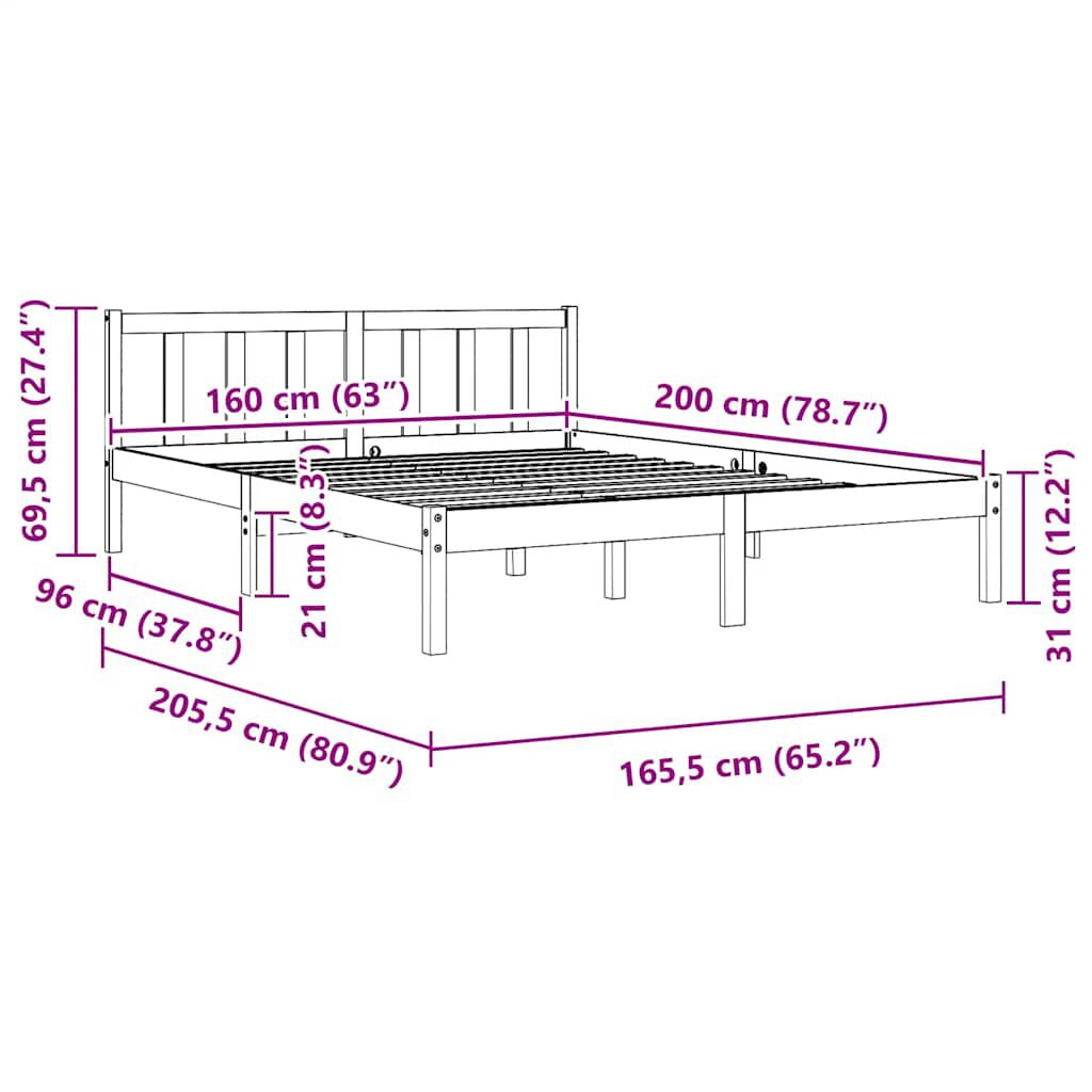 vidaXL Πλαίσιο Κρεβατιού Γκρι 160 x 200 εκ. από Μασίφ Ξύλο Πεύκου