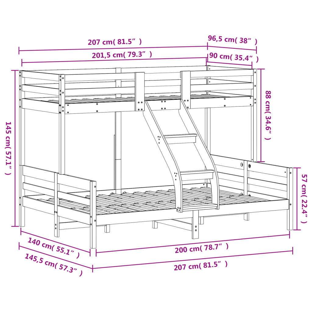 vidaXL Κουκέτα 90x200/140x200 εκ. από Μασίφ Ξύλο Πεύκου