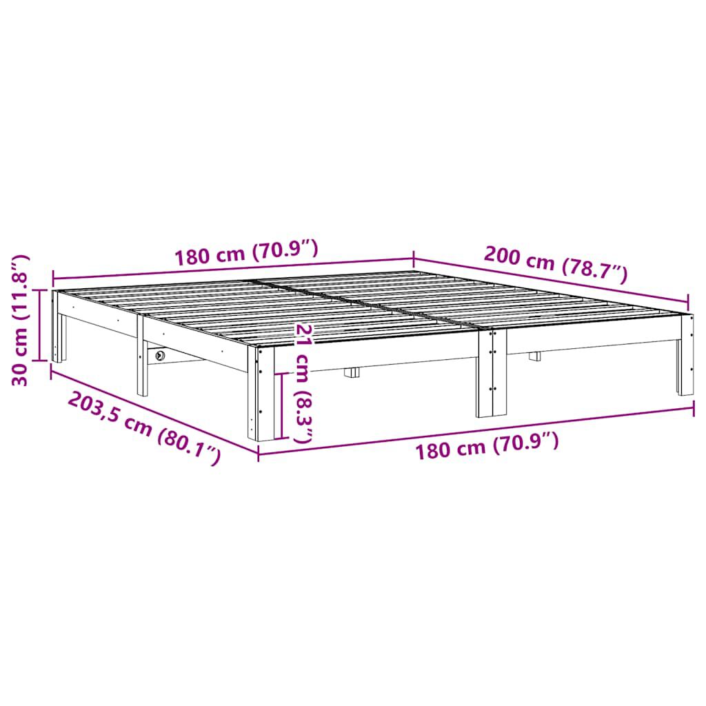 vidaXL Σκελετός Κρεβατιού Χωρίς Στρώμα 180x200 εκ Μασίφ Ξύλο Πεύκου