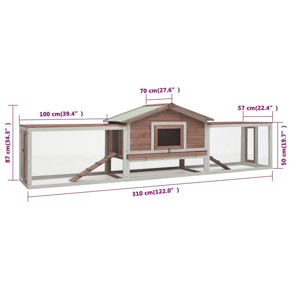 vidaXL Κλουβί Κουνελιών Μόκα 310x70x87 εκ. Μασίφ Ξύλο Πεύκου/Ελάτης