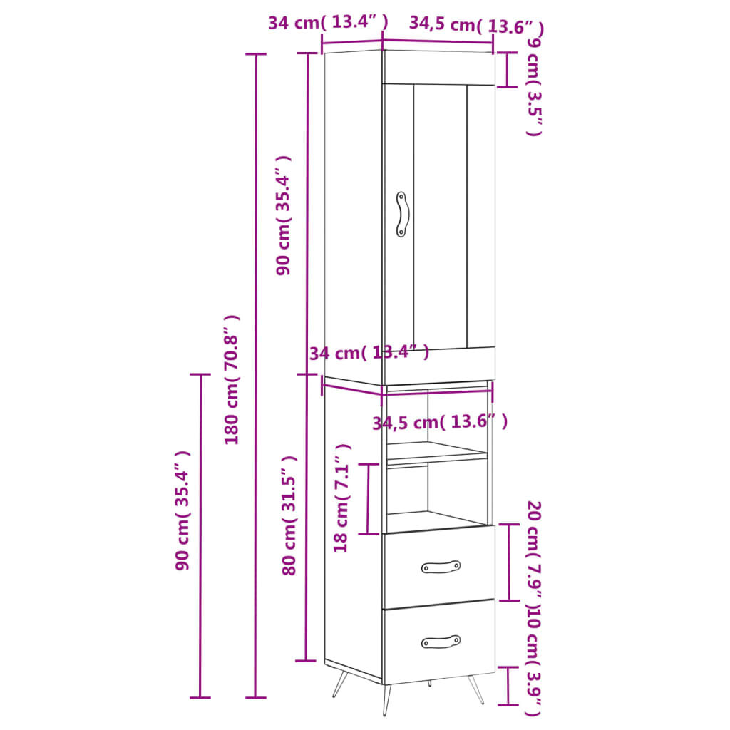 vidaXL Ντουλάπι Λευκό 34,5 x 34 x 180 εκ. από Επεξεργασμένο Ξύλο