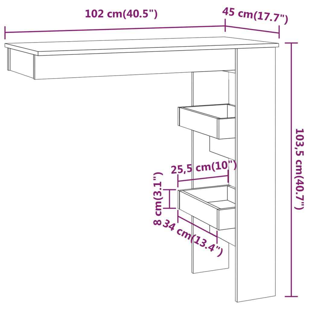 vidaXL Τραπέζι Μπαρ Τοίχου Καφέ Δρυς 102x45x103,5 εκ. Επεξεργ. Ξύλο