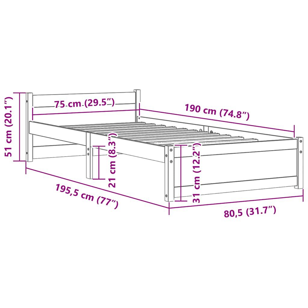 vidaXL Πλαίσιο Κρεβατιού 75 x 190 εκ. από Μασίφ Ξύλο Small Single
