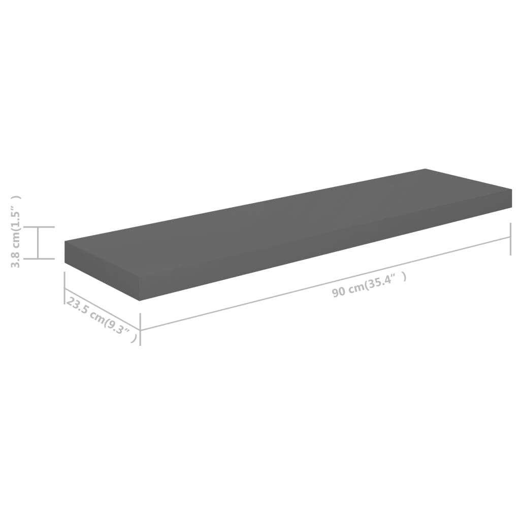 vidaXL Ράφι Τοίχου Γυαλιστερό Γκρι 90 x 23,5 x 3,8 εκ. MDF