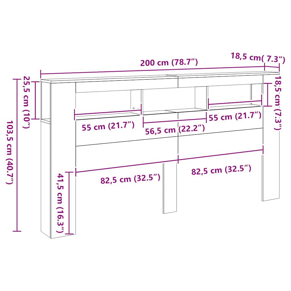 vidaXL Κεφαλάρι Κρεβατιού με LED Μαύρο 200x18,5x103,5 εκ Επεξεργ. Ξύλο