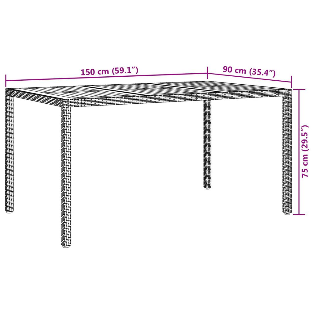 vidaXL Τραπέζι Φαγητού Κήπου Γκρι 150x90x75 εκ. Πολυ Ράτανας