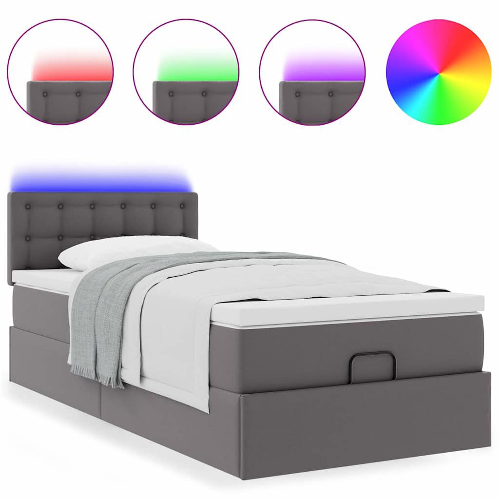 vidaXL Οθωμανικό κρεβάτι με στρώματα & LEDs Γκρι 90x200cm Faux Leather