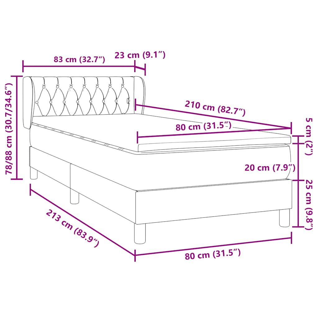 vidaXL Κρεβάτι Boxspring με Στρώμα Ανοιχτό Γκρι 80x210 εκ. Βελούδινο