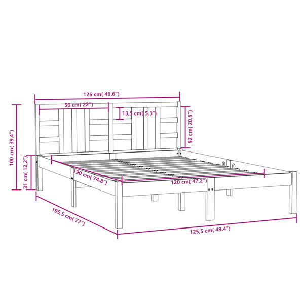 vidaXL Πλαίσιο Κρεβατιού 120 x 190 εκ. από Μασίφ Ξύλο Small Double