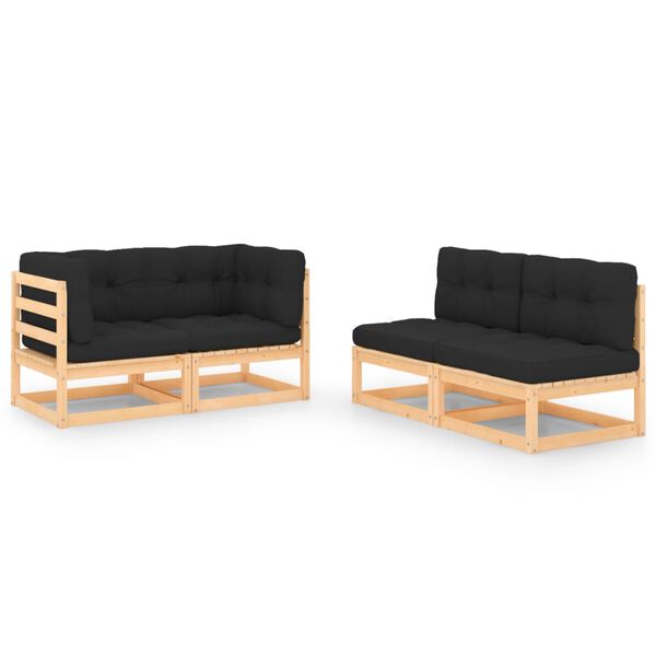 vidaXL Σαλόνι Κήπου Σετ 4 Τεμαχίων από Μασίφ Ξύλο Πεύκου με Μαξιλάρια