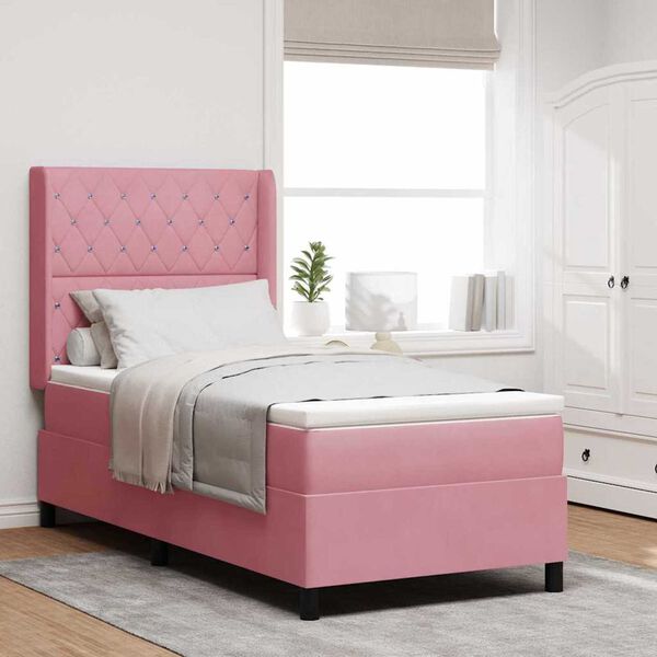 vidaXL Κρεβάτι Box Spring LED με Στρώμα Argyle Ροζ 90 x 190 cm Βελούδο