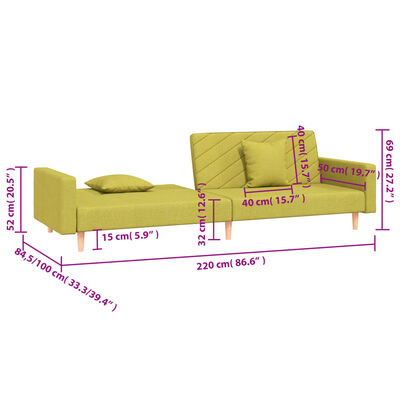 vidaXL Καναπές Κρεβάτι Διθέσιος Πράσινος Υφασμάτινος με Δύο Μαξιλάρια