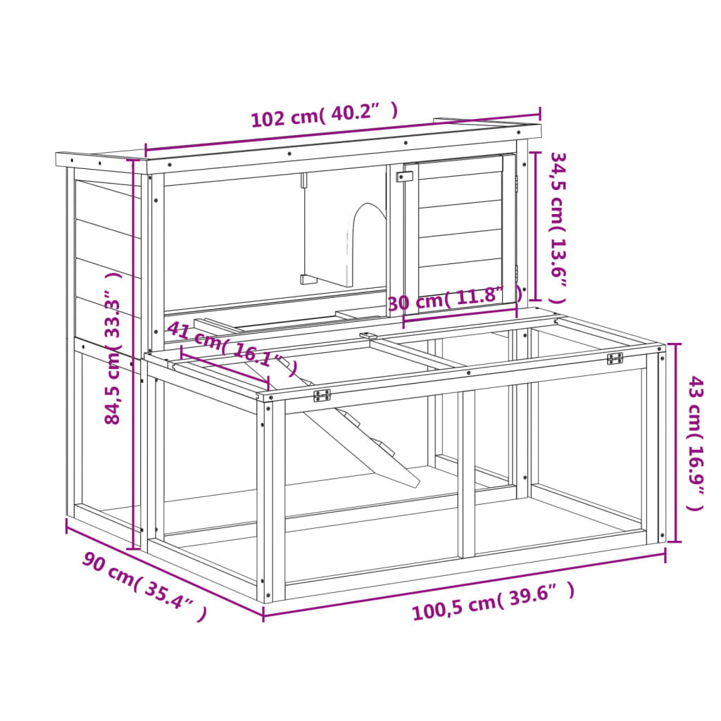 vidaXL Κλουβί Κουνελιών Καφέ 102 x 90 x 84,5 εκ. Μασίφ Ξύλο Πεύκου
