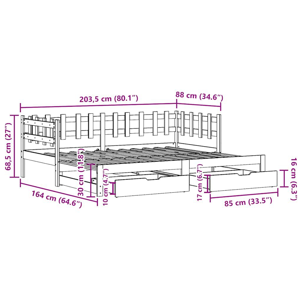 vidaXL Καναπές Κρεβάτι Συρόμενος Χωρίς Στρώμα 80x200 εκ. & Συρτάρια