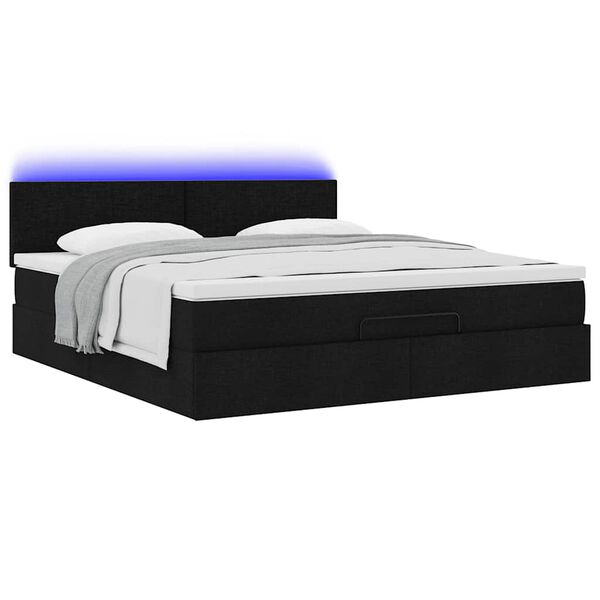 vidaXL Οθωμανικό κρεβάτι με στρώμα & LEDs Μαύρο ύφασμα 180x200cm