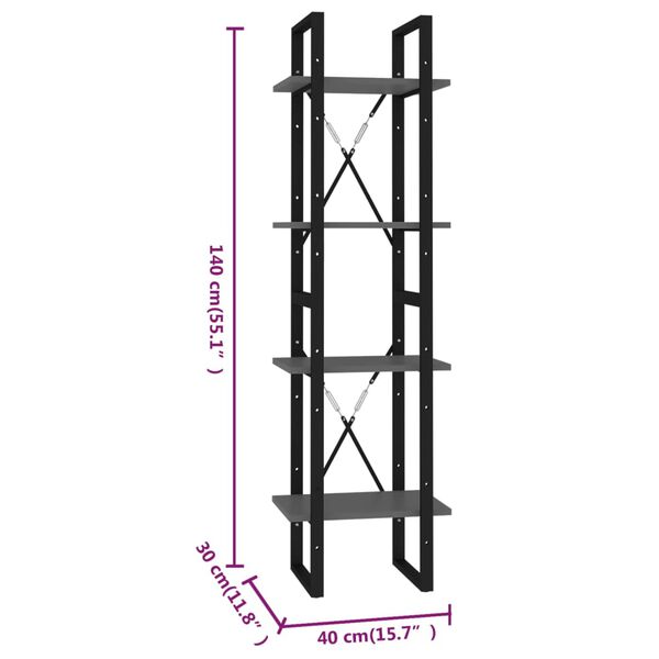 vidaXL Βιβλιοθήκη με 4 Ράφια Γκρι 40 x 30 x 140 εκ. από Επεξ. Ξύλο