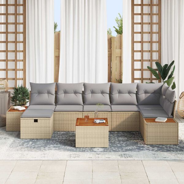 vidaXL Σετ Καναπέ Κήπου με μαξιλάρι 8 pcs Μπεζ Πολυ ράταν
