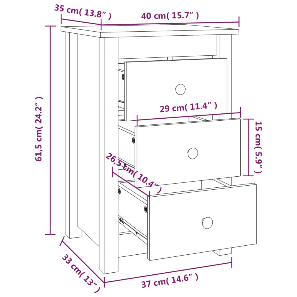vidaXL Κομοδίνο Μαύρο 40 x 35 x 61,5 εκ. από Μασίφ Ξύλο Πεύκου