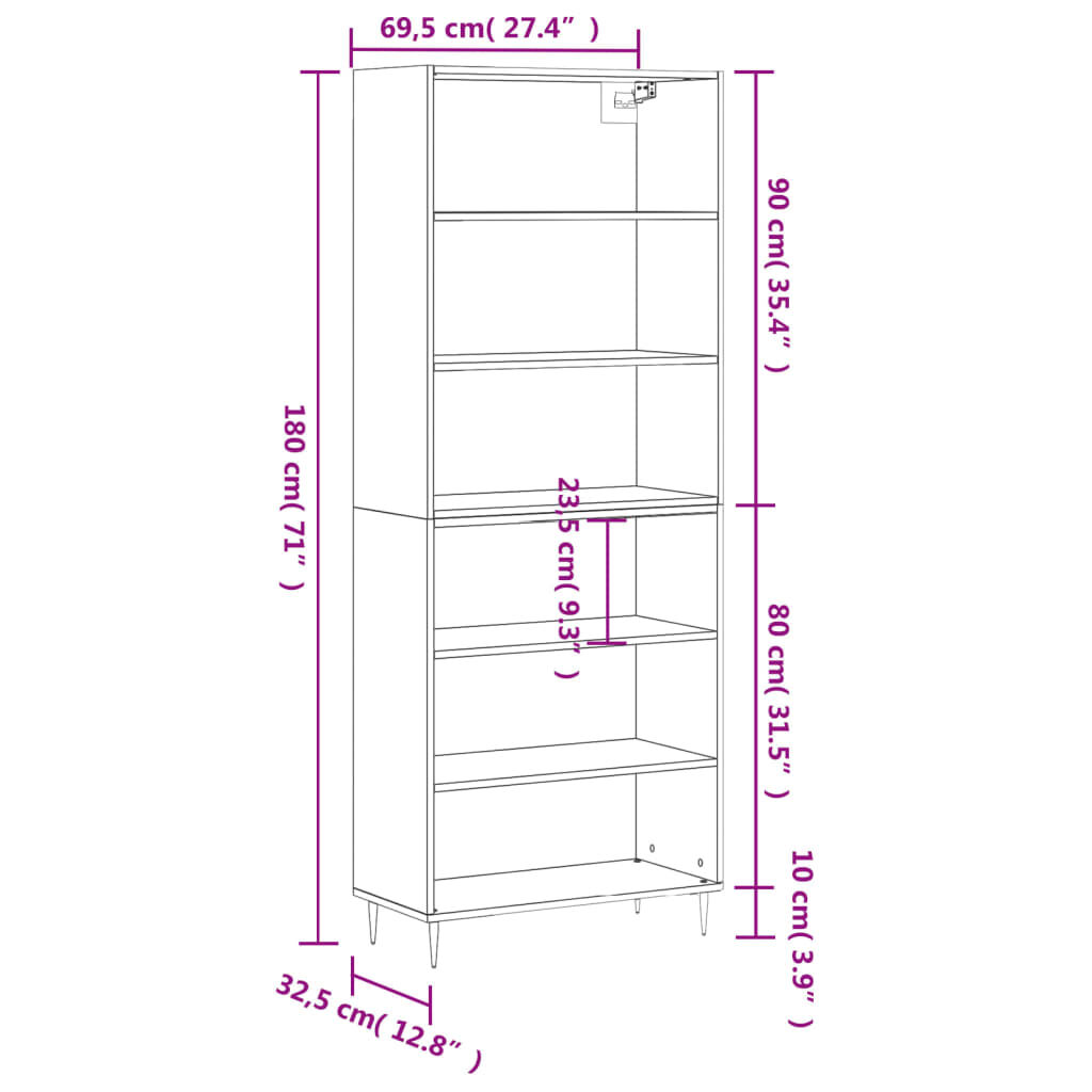 vidaXL Ντουλάπι Μαύρο 69,5x32,5x180 εκ. Επεξεργασμένο Ξύλο