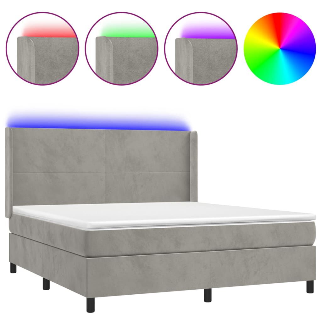 vidaXL Κρεβάτι Boxspring με Στρώμα & LED Αν.Γκρι 180x200 εκ. Βελούδινο