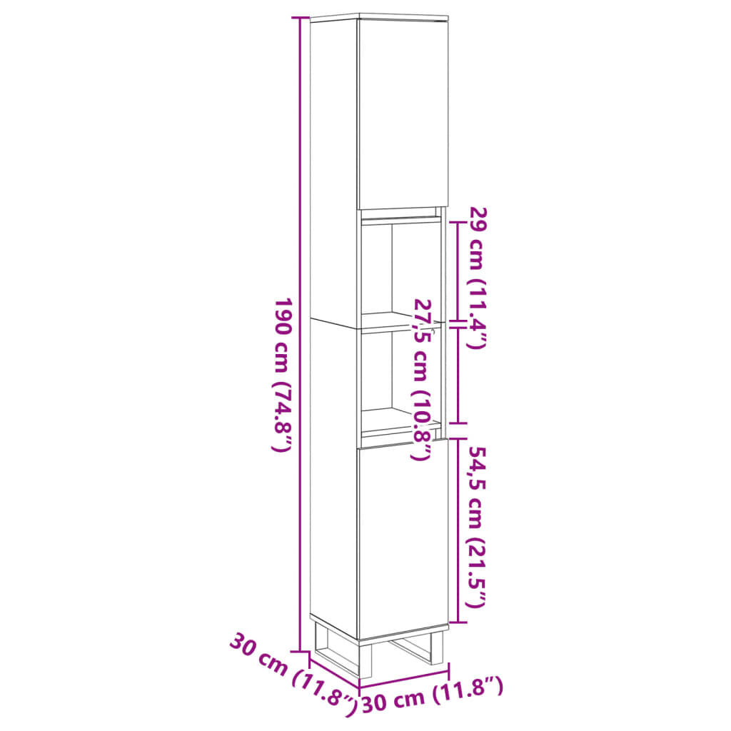 vidaXL Ντουλάπι Μπάνιου Γκρι Σκυροδέματος 30x30x190 εκ. Επεξ. Ξύλο