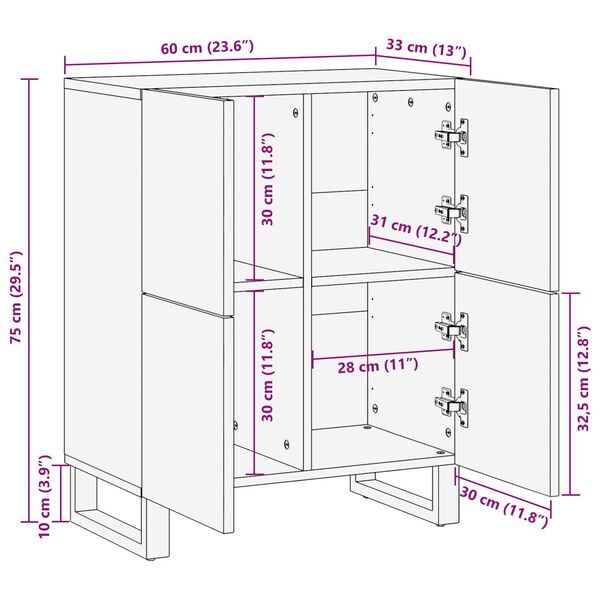 vidaXL Μπουφές 60 x 33.5 x 75 εκ - Φτιαγμένος από Μασίφ Ξύλο Μάνγκο και Μηχανισμένο Ξύλο