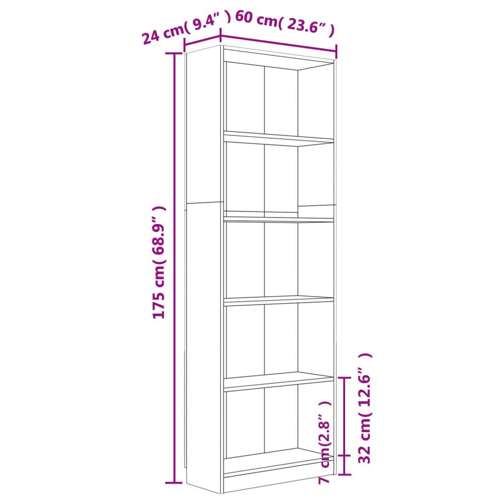 vidaXL Βιβλιοθήκη με 5 Ράφια Καφέ Δρυς 60x24x175 εκ. Επεξεργ. Ξύλο