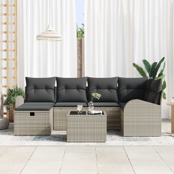 vidaXL Σετ Καναπέ Κήπου με μαξιλάρι 7 pcs Ανοιχτό γκρι Πολυ ράταν