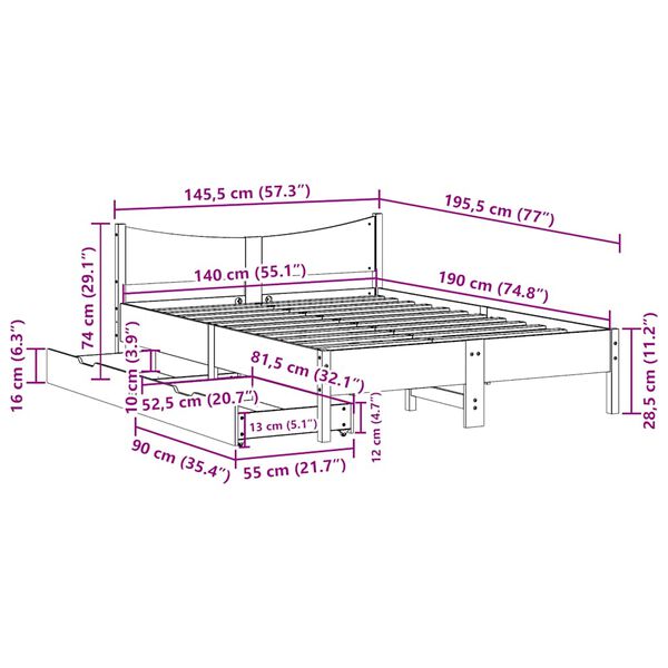 vidaXL Πλαίσιο Κρεβατιού Συρτάρια Λευκό 140x190 εκ. Μασίφ Ξύλο Πεύκου