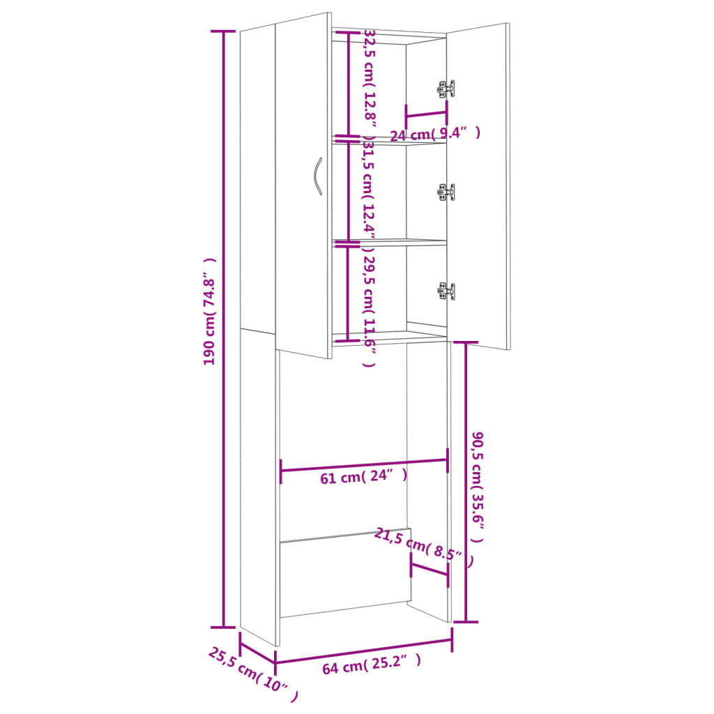 vidaXL Ντουλάπι Πλυντηρίου Λευκό 64 x 25,5 x 190 εκ.