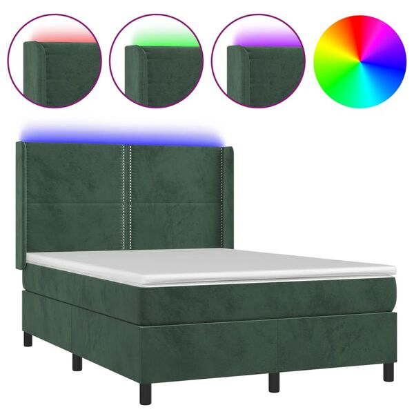 vidaXL Κρεβάτι Boxspring με Στρώμα & LED Σκ. Πράσινο 140x200εκ Βελούδο