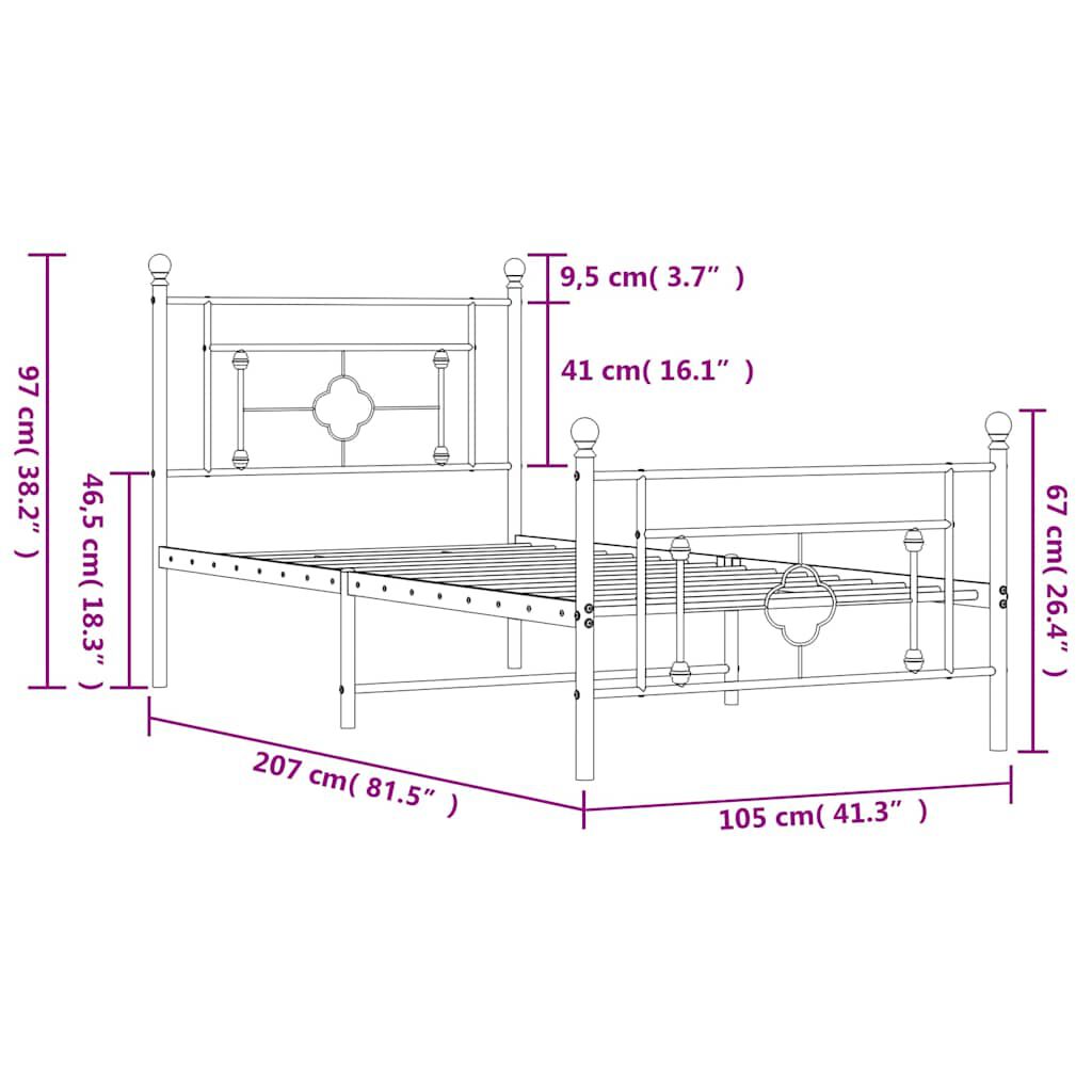 vidaXL Πλαίσιο Κρεβατιού με Κεφαλάρι&Ποδαρικό Μαύρο 100x200εκ. Μέταλλο