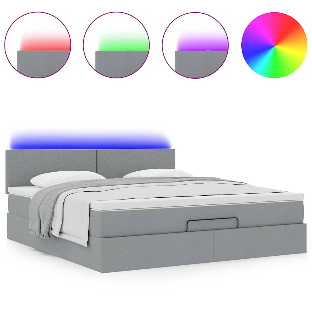 vidaXL Οθωμανικό κρεβάτι με στρώμα&LEDs Ανοιχτό γκρι 180x200cm ύφασμα