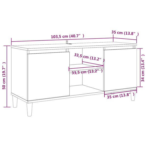 vidaXL Έπιπλο Τηλεόρασης Καπν. Δρυς 103,5x35x50 εκ. Μασίφ Ξύλινα Πόδια