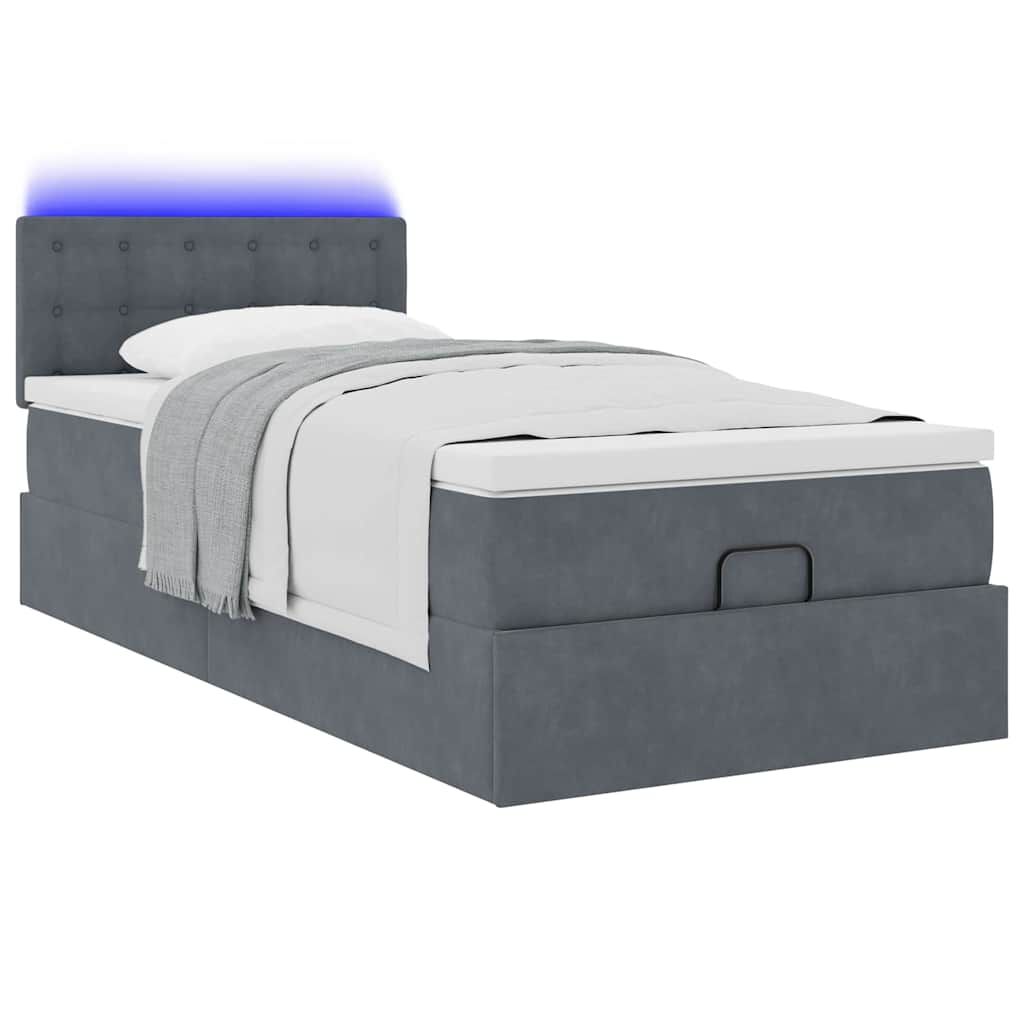 vidaXL Οθωμανικό κρεβάτι με στρώμα & LEDs Σκούρο γκρι 90x200cm Velvet