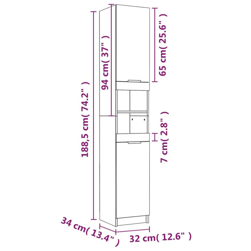 vidaXL Ντουλάπι Μπάνιου Γκρι Σκυροδέματος 32x34x188,5 εκ. Επεξ. Ξύλο