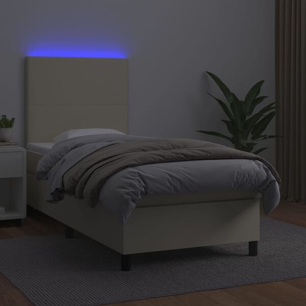 vidaXL Κρεβάτι Boxspring με Στρώμα & LED Κρεμ 100x200 εκ. Συνθ. Δέρμα