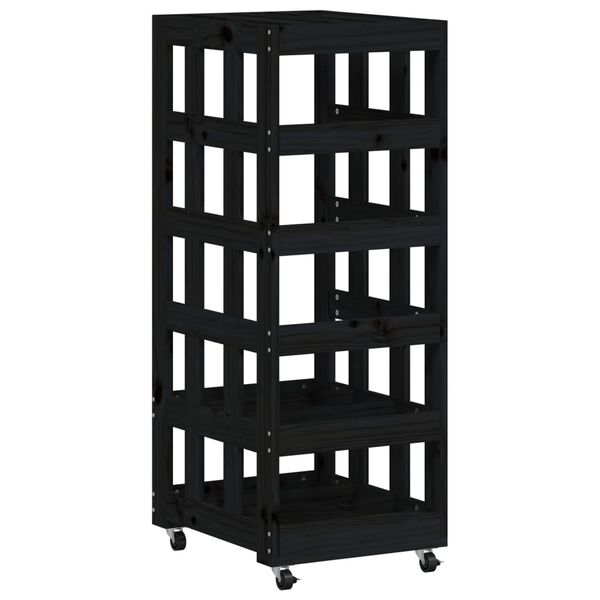 vidaXL Ξυλοθήκη με Τροχούς Μαύρη 40 x 49 x 110 εκ. Μασίφ Ξύλο Πεύκου
