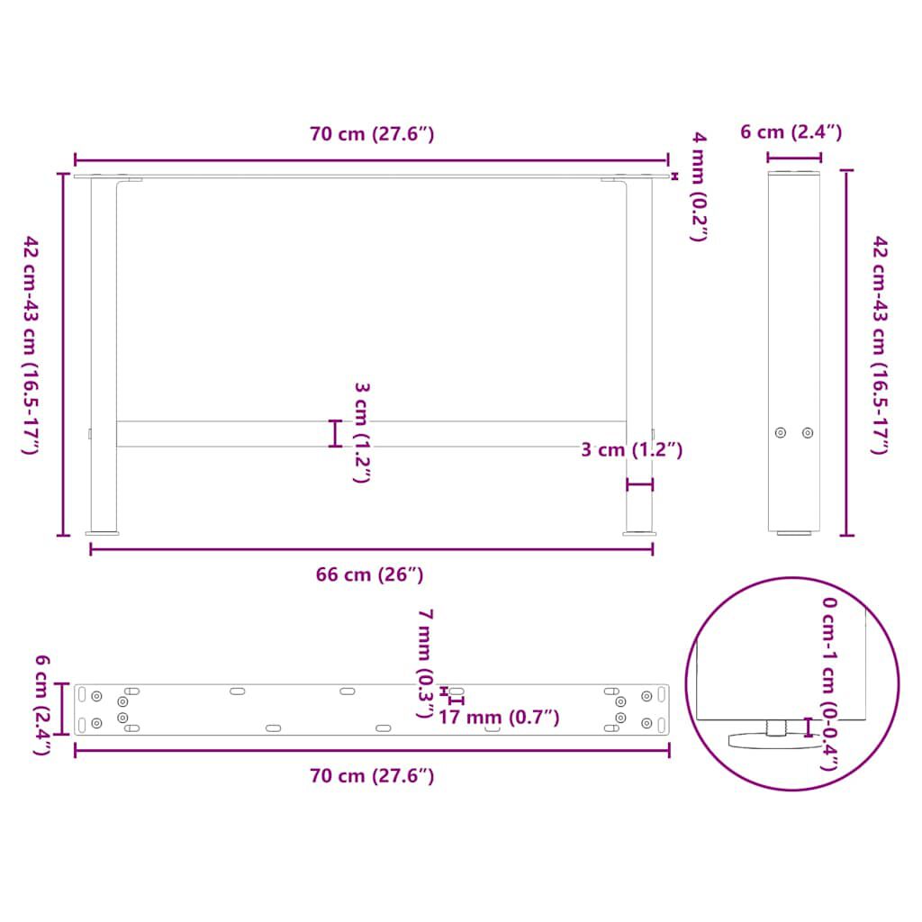 vidaXL Πόδια Σαλονιού 2 τεμ. Μαύρα 70x(42-43) εκ. Ατσάλι