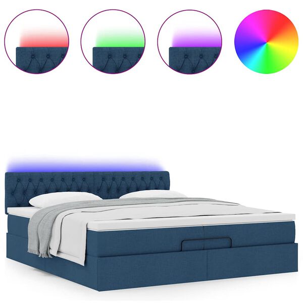 vidaXL Οθωμανικό κρεβάτι με στρώματα & LEDs Μπλε 200x200cm ύφασμα
