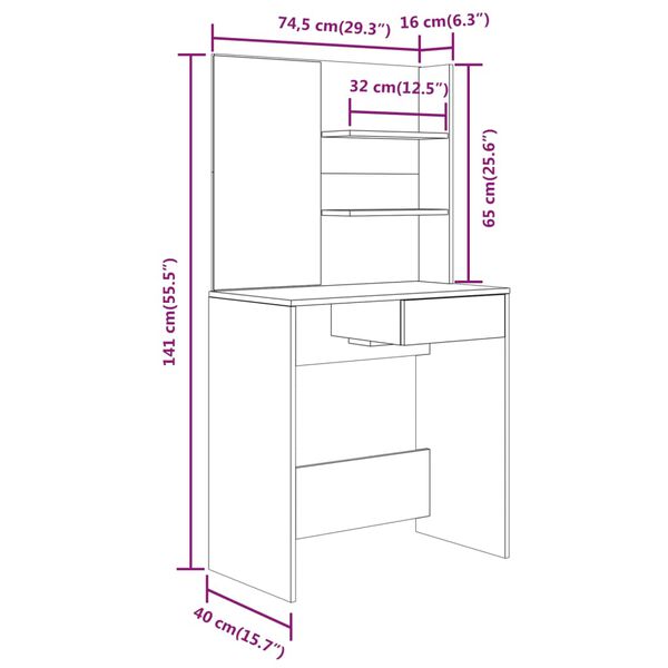 vidaXL Μπουντουάρ με Καθρέφτη Γκρι Sonoma 74,5x40x141 εκ.