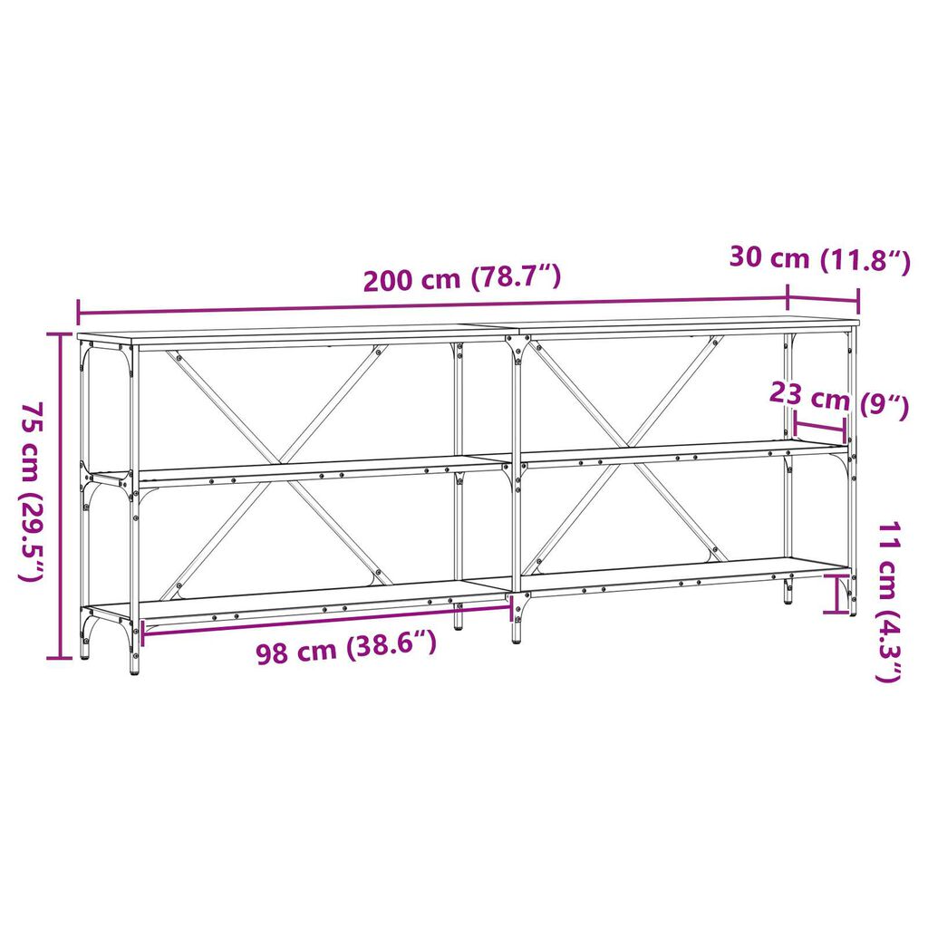 vidaXL Τραπέζι κονσόλας από ξύλο δρυός 200x30x75 εκ. από εξελιγμένο ξύλο και ατσάλι