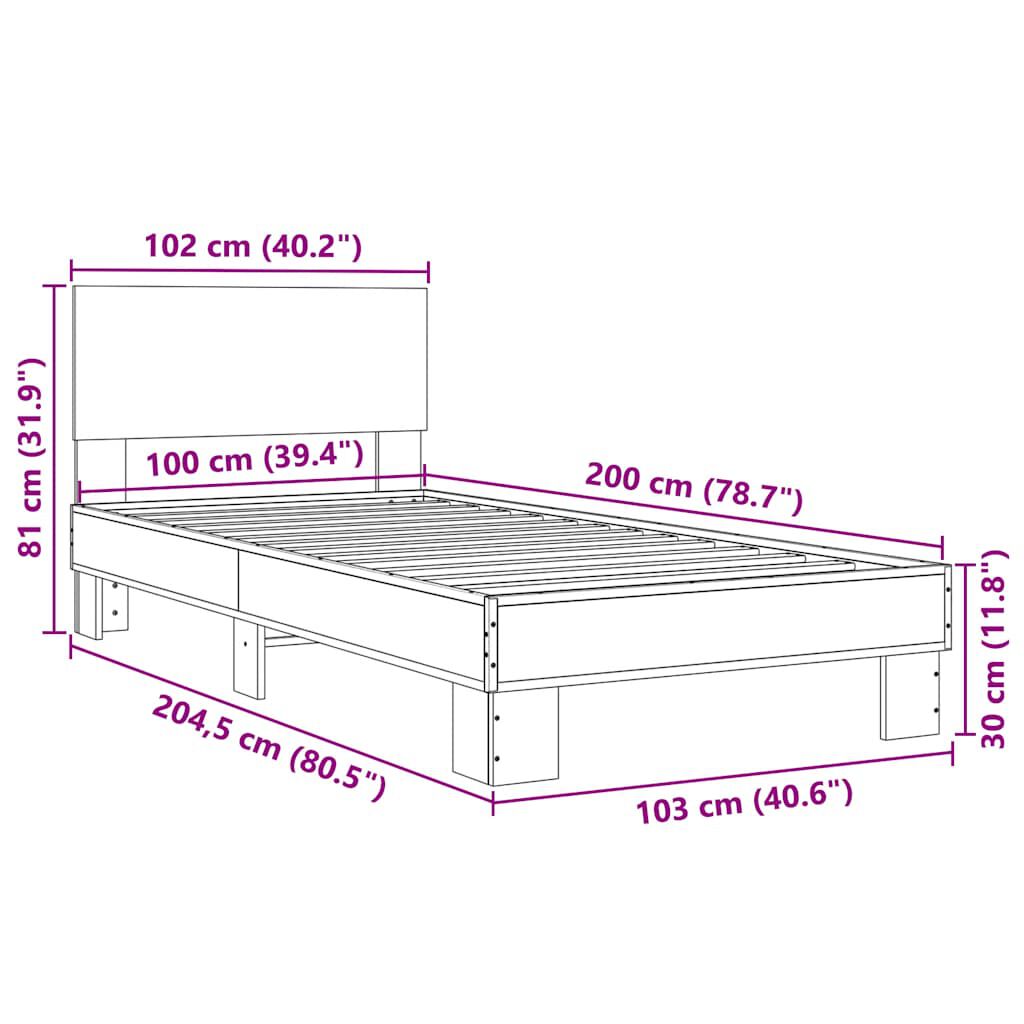 vidaXL Πλαίσιο Κρεβατιού Μαύρο 100x200 εκ. Επεξ. Ξύλο & Μέταλλο