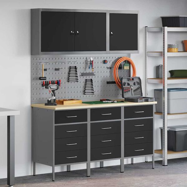 vidaXL Πάγκος εργασίας με συρτάρι 8 pcs Μαύρο 150 x 55 x 200 εκ Ατσάλι