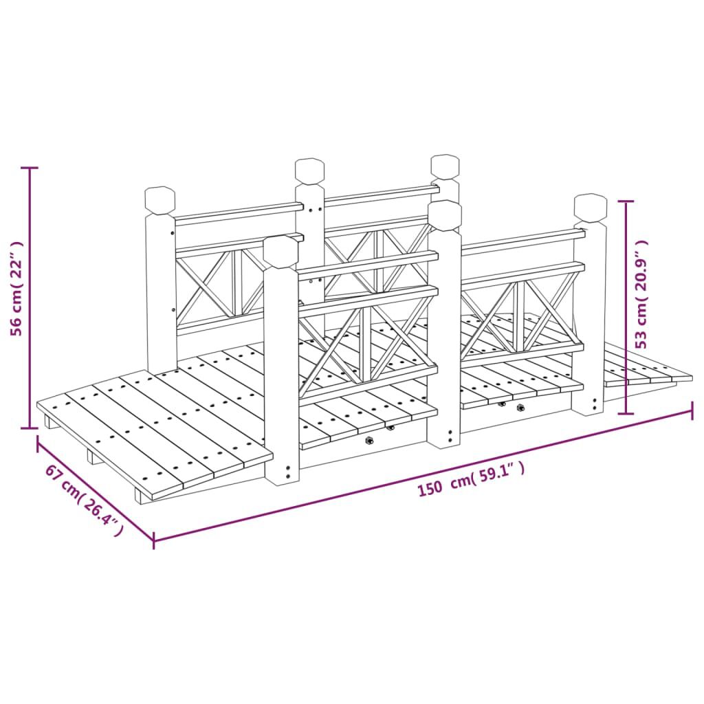 vidaXL Γέφυρα Κήπου με Κάγκελα 150x67x56 εκ. Μασίφ Ξύλο Ερυθρελάτης