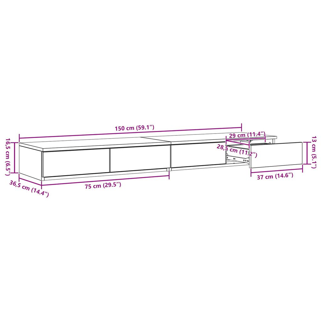 vidaXL Συρτάρια κρεβατιού με συρτάρι Sonoma Δρυς 150 x 36.5 x 16.5 εκ
